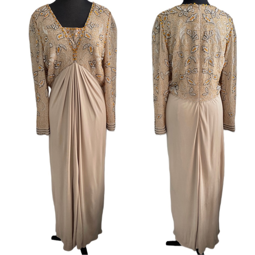 VICTORIA ROYALE Vintage 1960’s Beige Beaded Long Sleeve Gown Dress